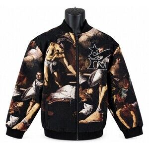 Rebel Vengeance Mens Large Renaissance Tapestry Bomber Jacket Rhinestone Art